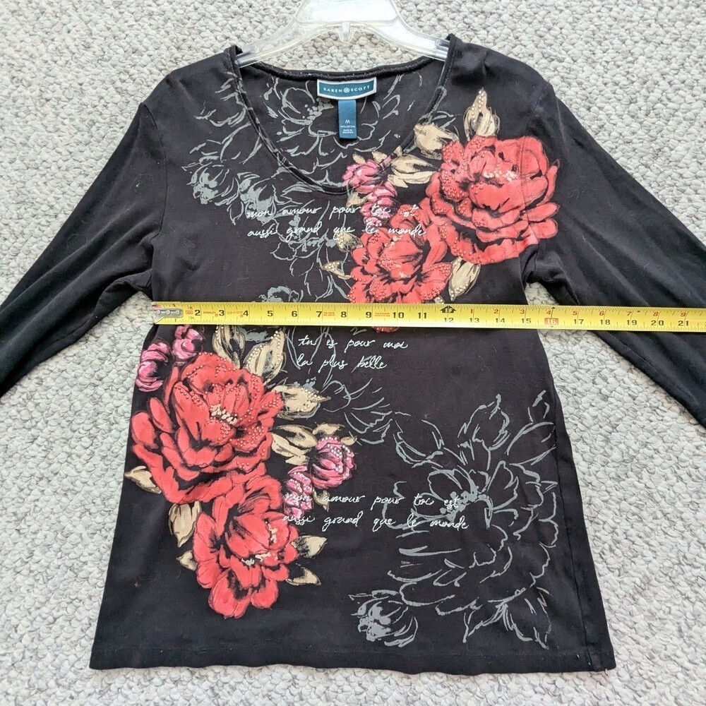 Karen Scott (Medium) Long Sleeve Tee/Top w/Floral Designs, Scripts & Sparkles - Picture 10 of 11